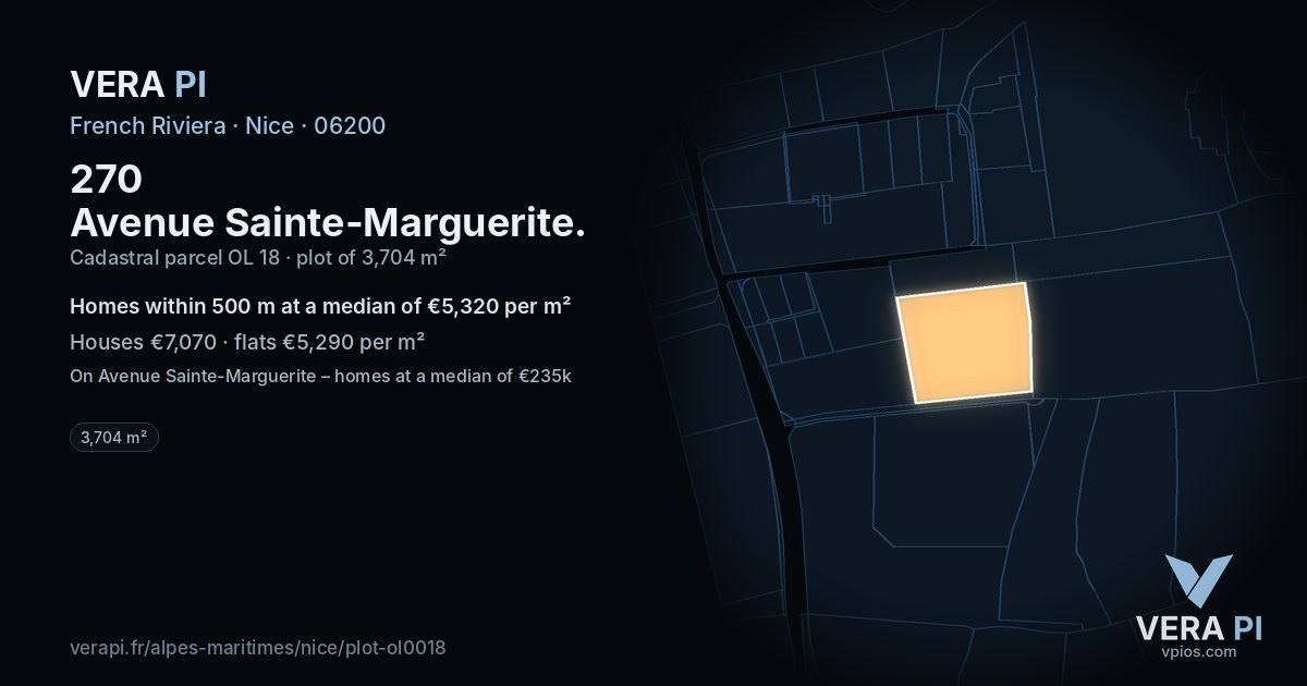 270 Avenue Sainte-Marguerite, Nice at night – the plot lit, the parcels around coloured by the prices near them