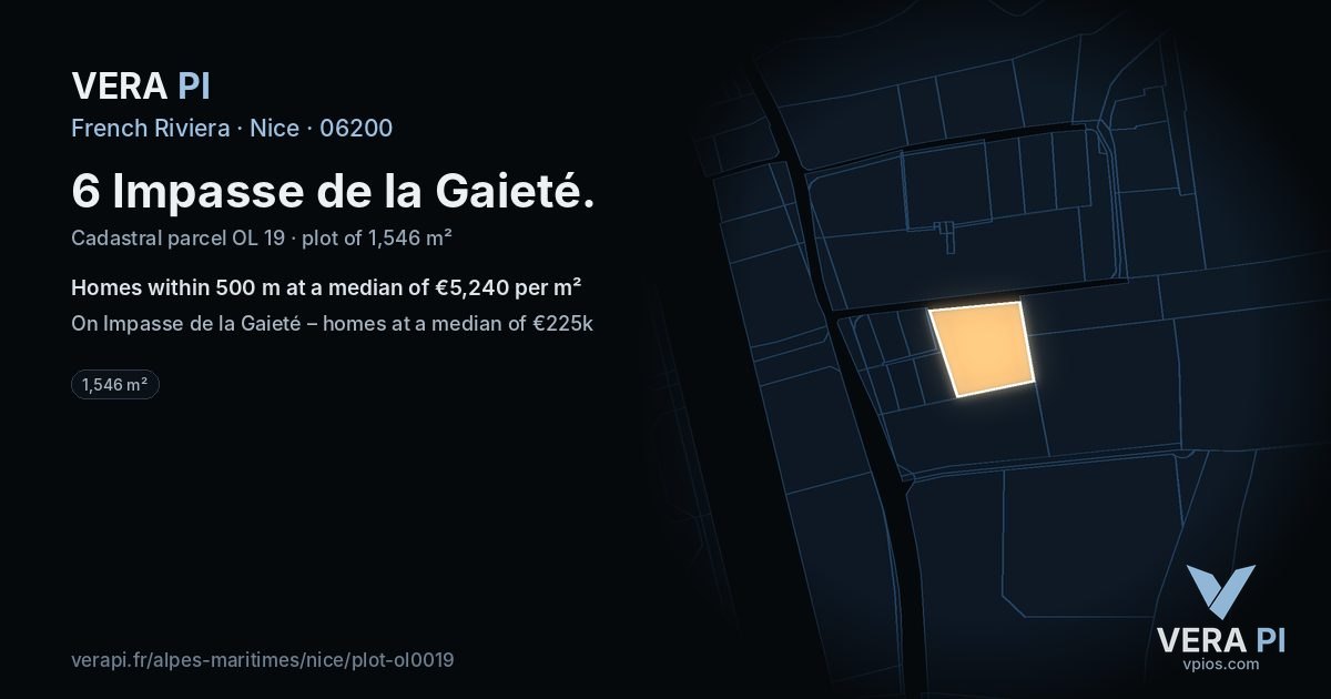 6 Impasse de la Gaieté, Nice at night – the plot lit, the parcels around coloured by the prices near them