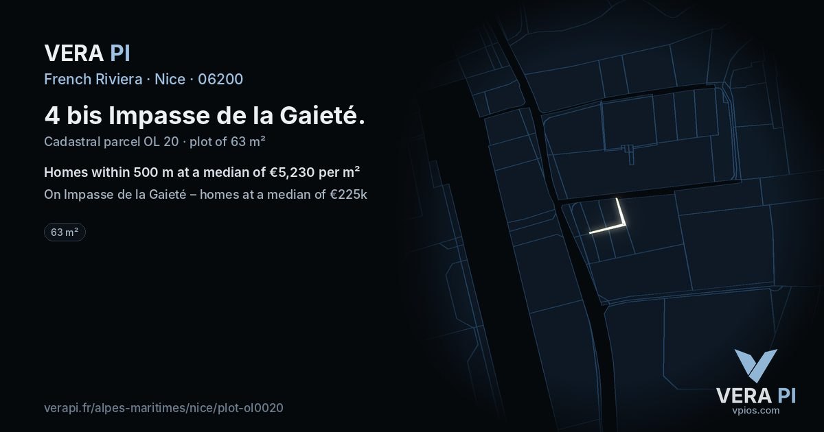 4 bis Impasse de la Gaieté, Nice at night – the plot lit, the parcels around coloured by the prices near them