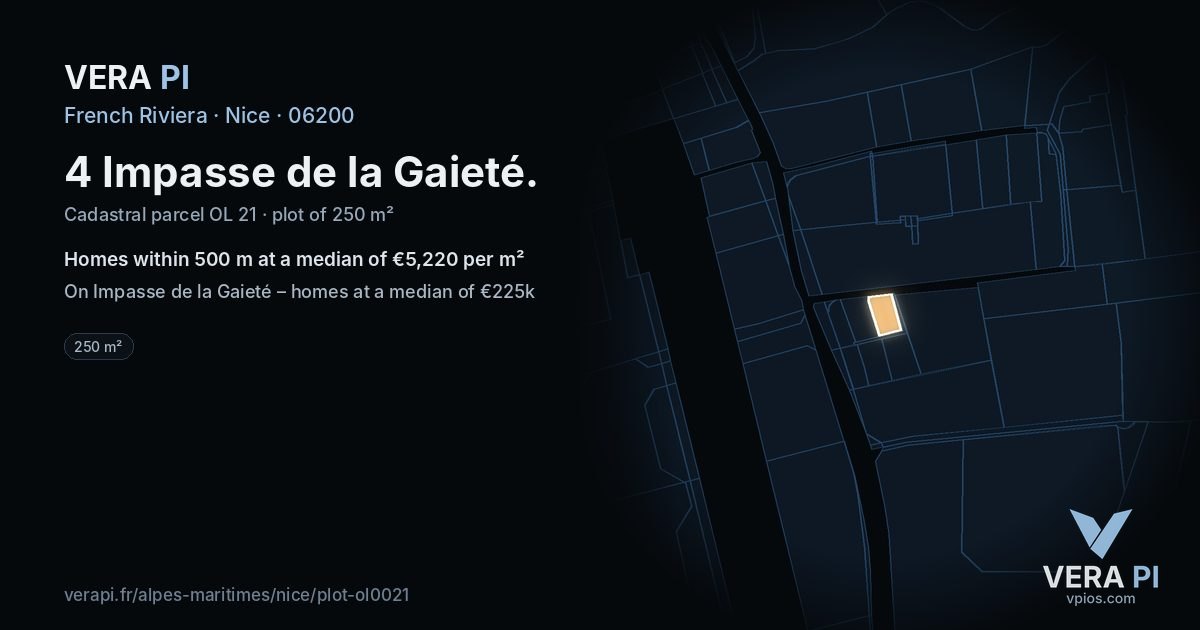 4 Impasse de la Gaieté, Nice at night – the plot lit, the parcels around coloured by the prices near them