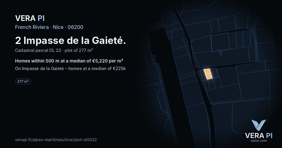 2 Impasse de la Gaieté, Nice at night – the plot lit, the parcels around coloured by the prices near them