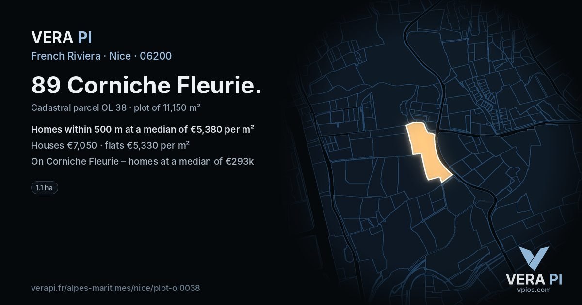 89 Corniche Fleurie, Nice at night – the plot lit, the parcels around coloured by the prices near them