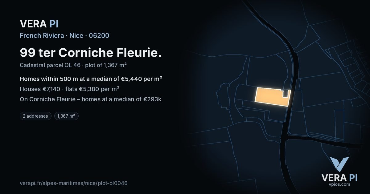 99 ter Corniche Fleurie, Nice at night – the plot lit, the parcels around coloured by the prices near them
