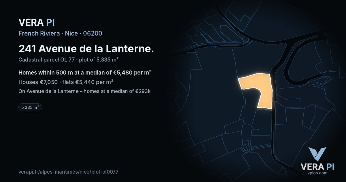 241 Avenue de la Lanterne, Nice at night – the plot lit, the parcels around coloured by the prices near them