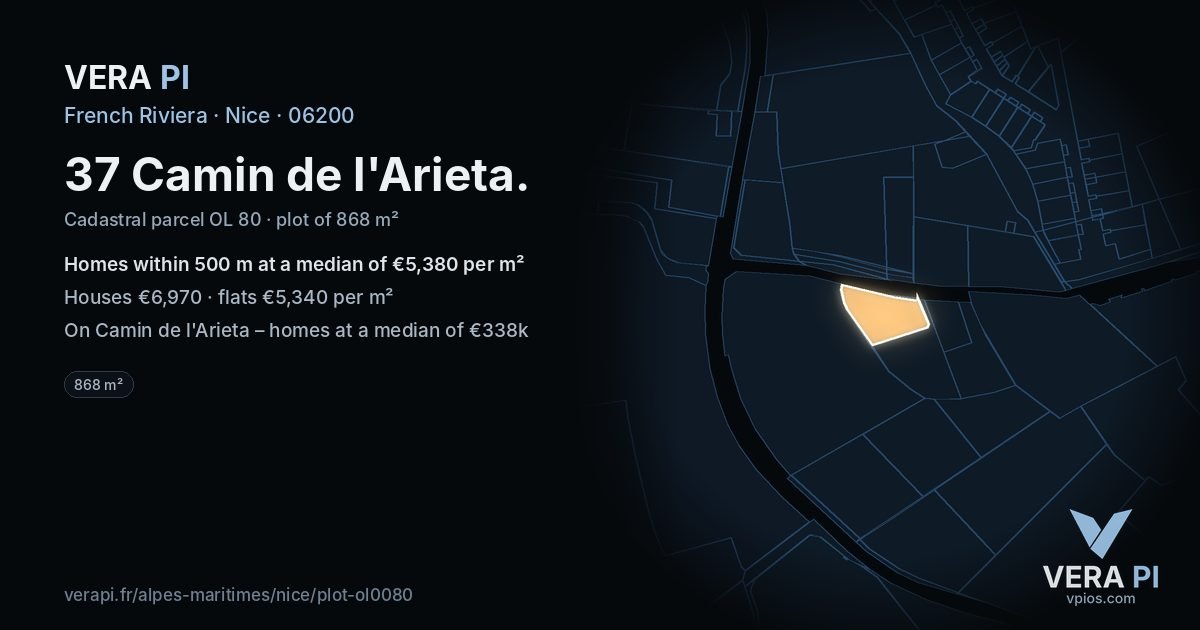 37 Camin de l'Arieta, Nice at night – the plot lit, the parcels around coloured by the prices near them