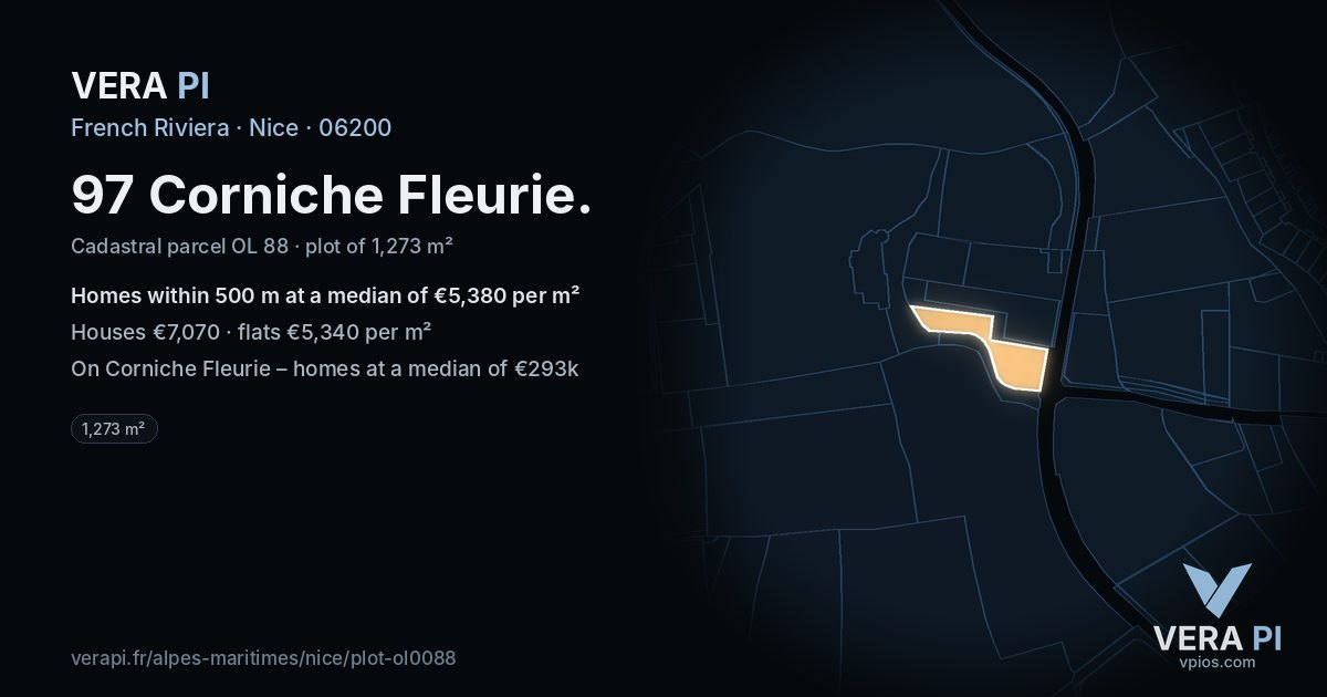 97 Corniche Fleurie, Nice at night – the plot lit, the parcels around coloured by the prices near them