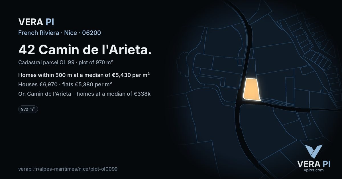 42 Camin de l'Arieta, Nice at night – the plot lit, the parcels around coloured by the prices near them