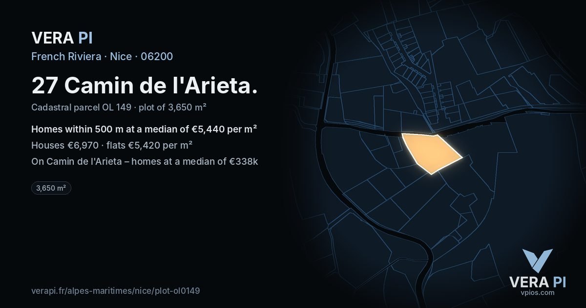 27 Camin de l'Arieta, Nice at night – the plot lit, the parcels around coloured by the prices near them