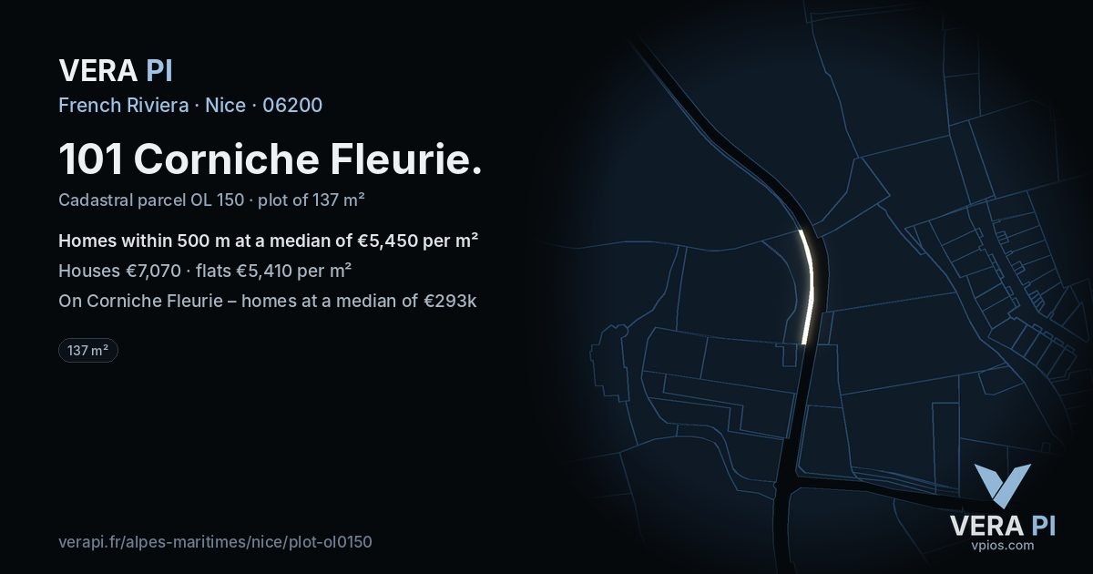 101 Corniche Fleurie, Nice at night – the plot lit, the parcels around coloured by the prices near them