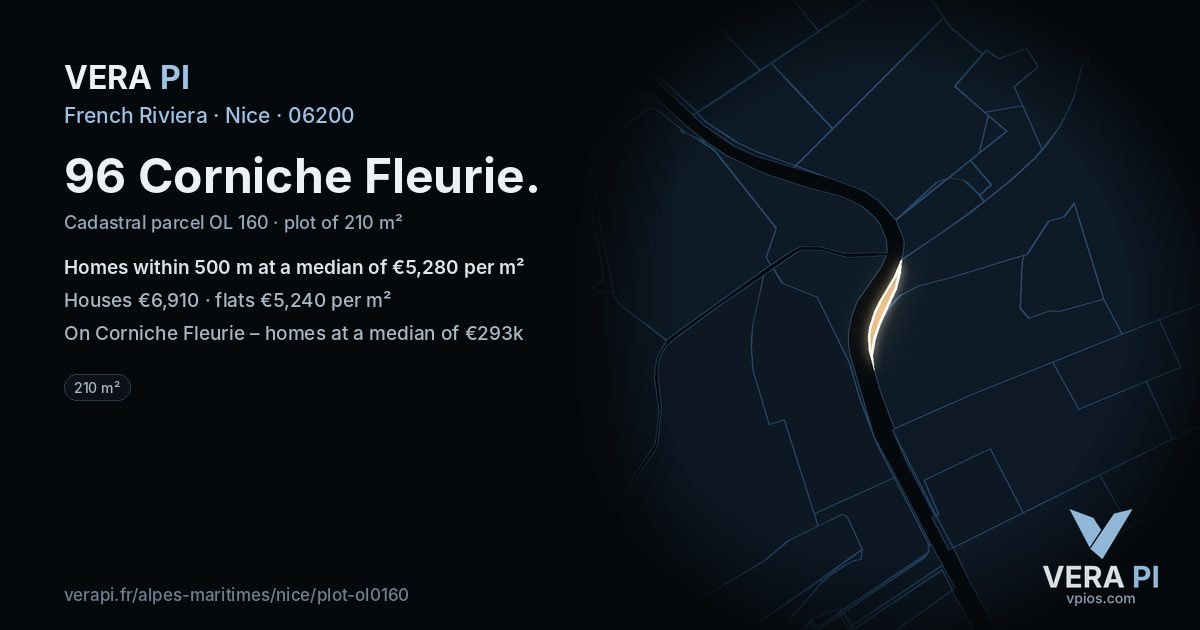 96 Corniche Fleurie, Nice at night – the plot lit, the parcels around coloured by the prices near them