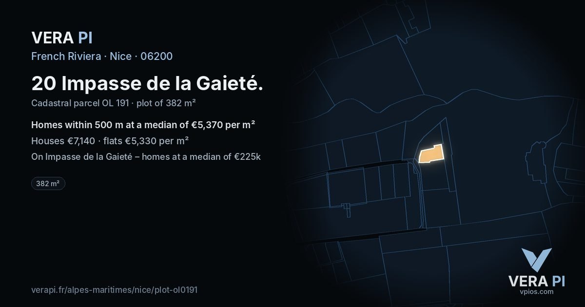 20 Impasse de la Gaieté, Nice at night – the plot lit, the parcels around coloured by the prices near them