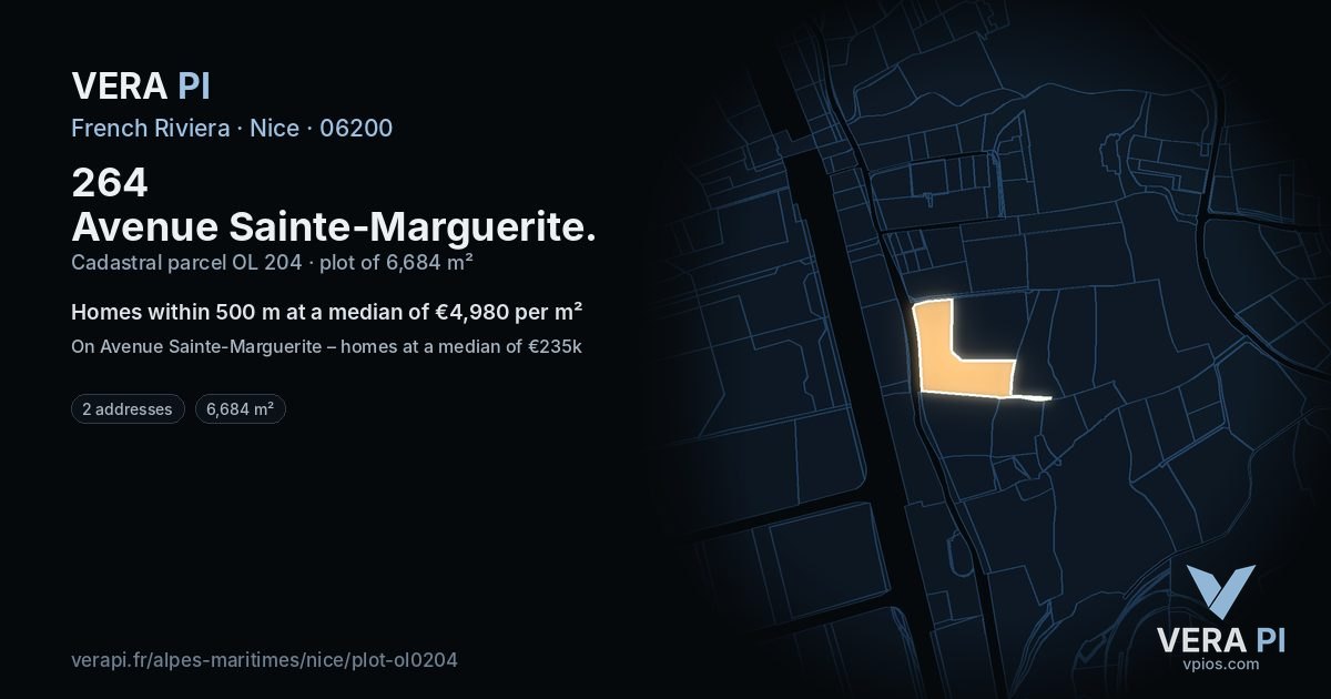 264 Avenue Sainte-Marguerite, Nice at night – the plot lit, the parcels around coloured by the prices near them