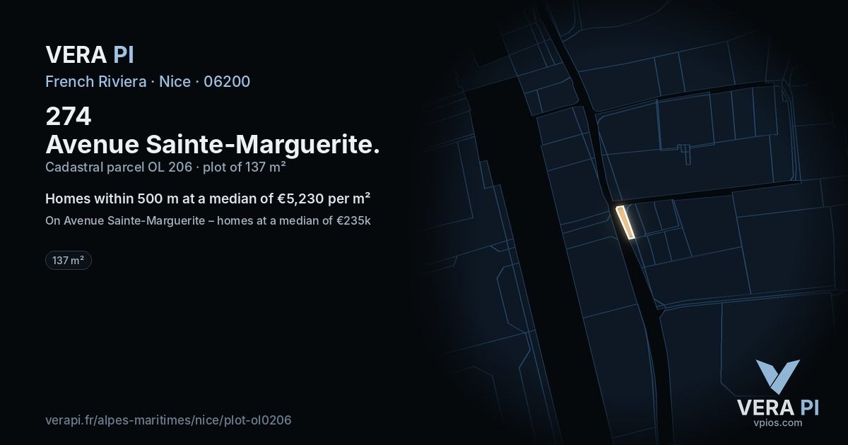 274 Avenue Sainte-Marguerite, Nice at night – the plot lit, the parcels around coloured by the prices near them