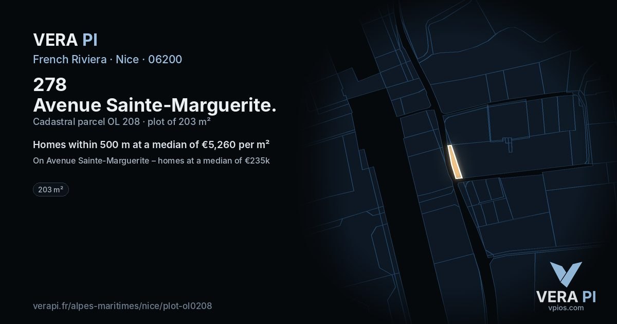 278 Avenue Sainte-Marguerite, Nice at night – the plot lit, the parcels around coloured by the prices near them