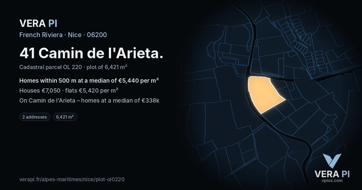 41 Camin de l'Arieta, Nice at night – the plot lit, the parcels around coloured by the prices near them