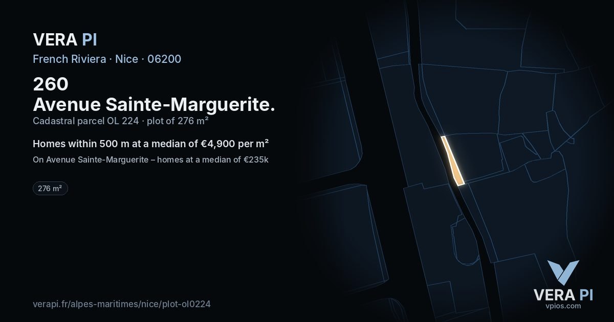 260 Avenue Sainte-Marguerite, Nice at night – the plot lit, the parcels around coloured by the prices near them