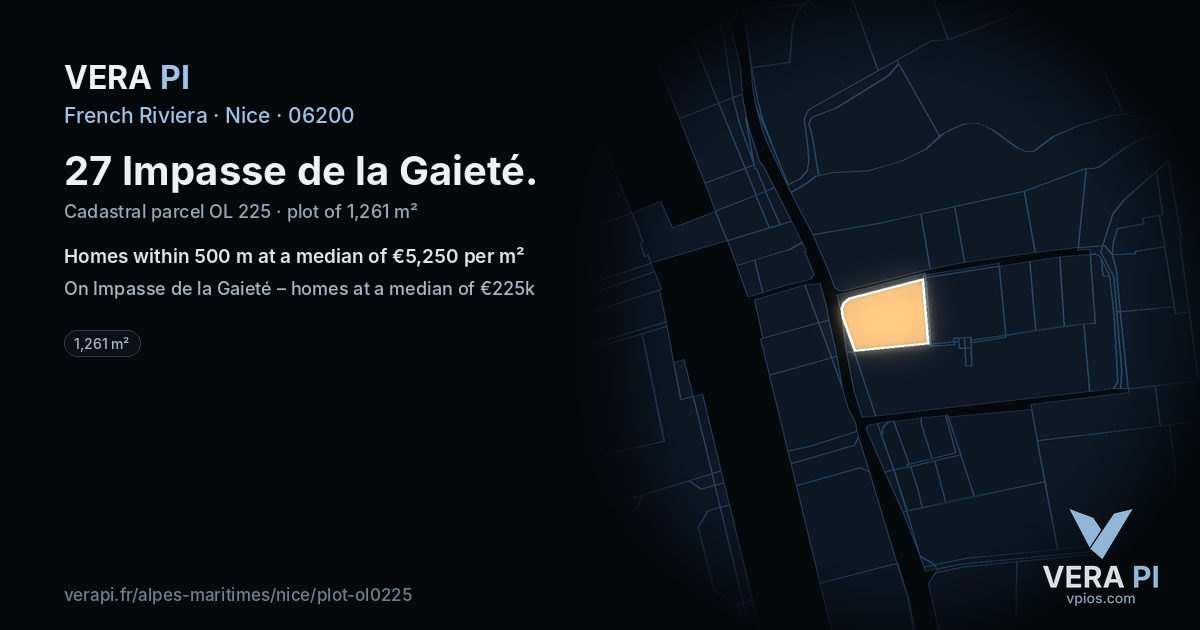 27 Impasse de la Gaieté, Nice at night – the plot lit, the parcels around coloured by the prices near them