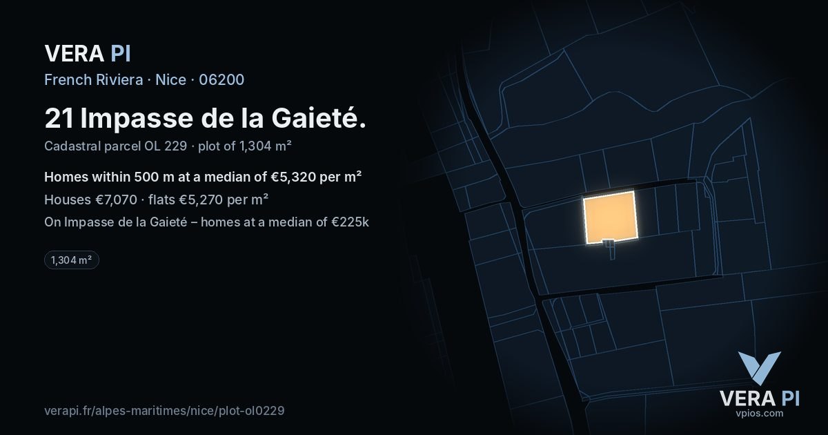 21 Impasse de la Gaieté, Nice at night – the plot lit, the parcels around coloured by the prices near them