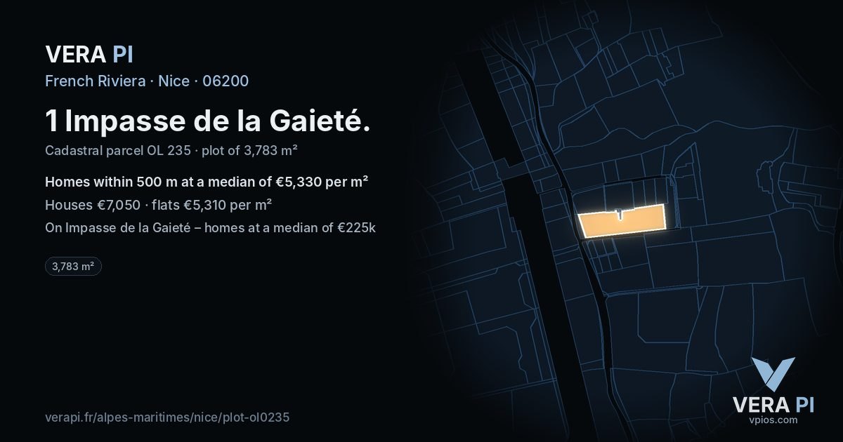1 Impasse de la Gaieté, Nice at night – the plot lit, the parcels around coloured by the prices near them