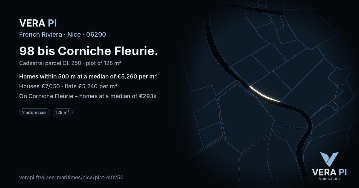 98 bis Corniche Fleurie, Nice at night – the plot lit, the parcels around coloured by the prices near them