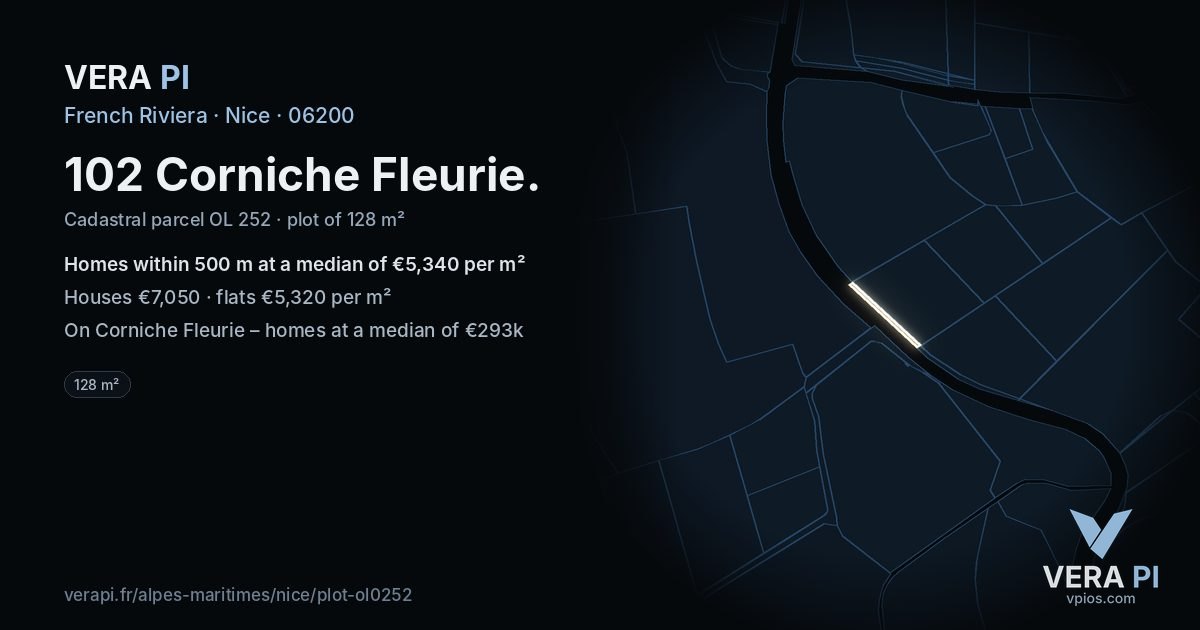 102 Corniche Fleurie, Nice at night – the plot lit, the parcels around coloured by the prices near them