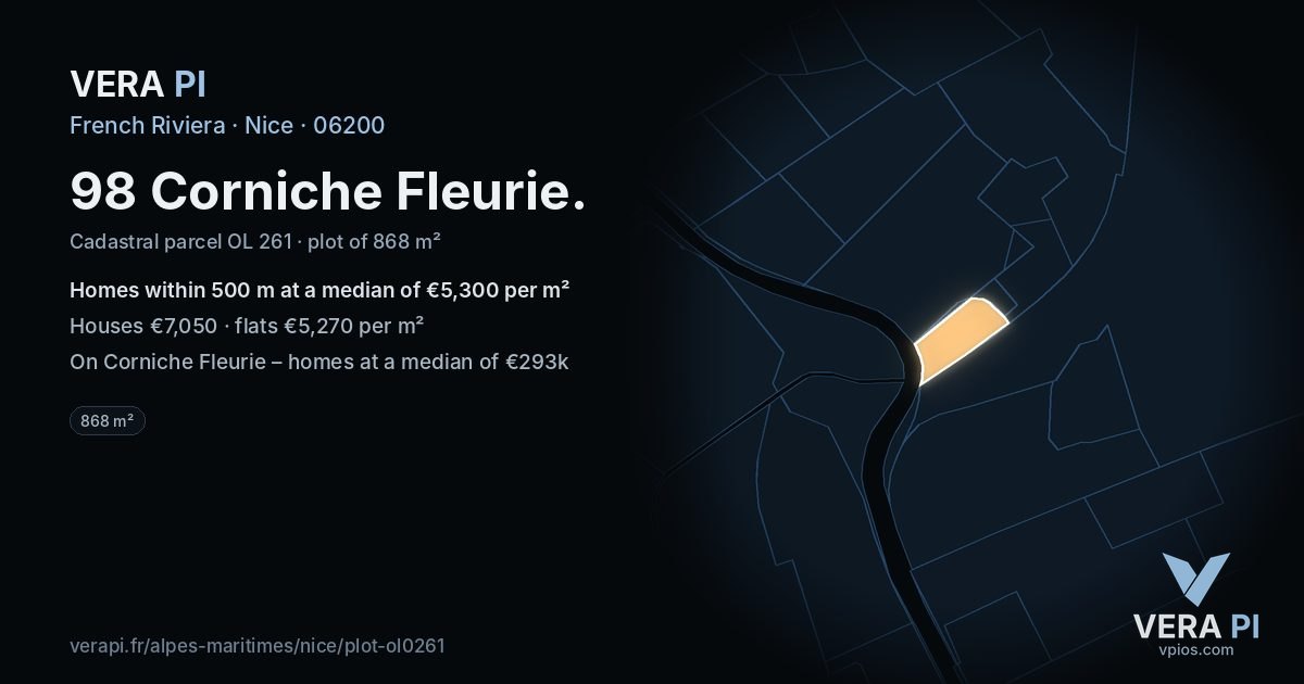 98 Corniche Fleurie, Nice at night – the plot lit, the parcels around coloured by the prices near them
