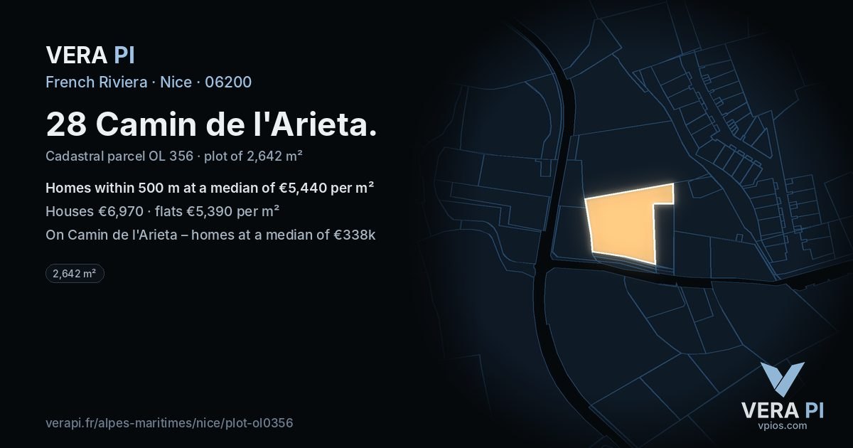 28 Camin de l'Arieta, Nice at night – the plot lit, the parcels around coloured by the prices near them
