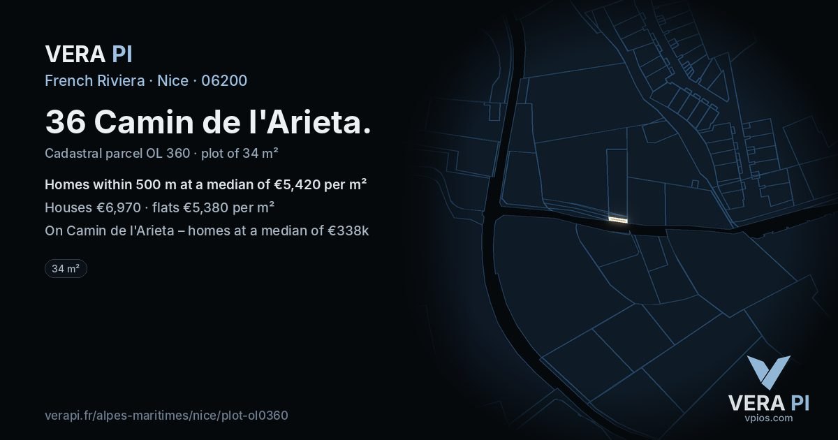 36 Camin de l'Arieta, Nice at night – the plot lit, the parcels around coloured by the prices near them