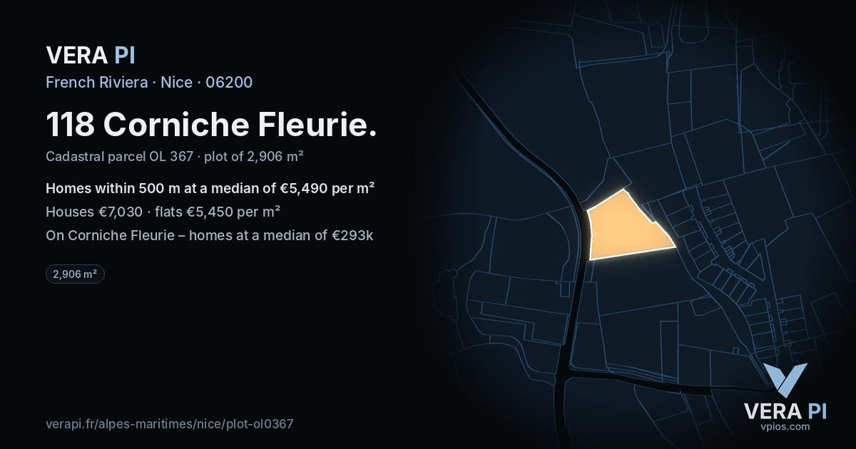 118 Corniche Fleurie, Nice at night – the plot lit, the parcels around coloured by the prices near them