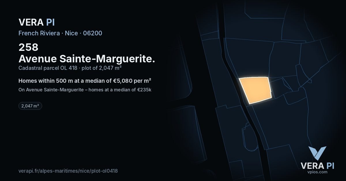 258 Avenue Sainte-Marguerite, Nice at night – the plot lit, the parcels around coloured by the prices near them
