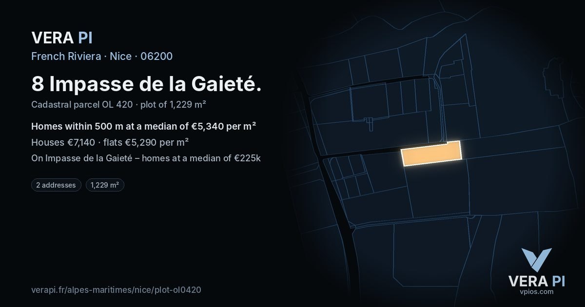 8 Impasse de la Gaieté, Nice at night – the plot lit, the parcels around coloured by the prices near them