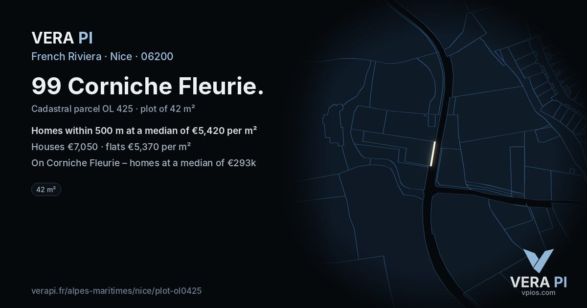 99 Corniche Fleurie, Nice at night – the plot lit, the parcels around coloured by the prices near them