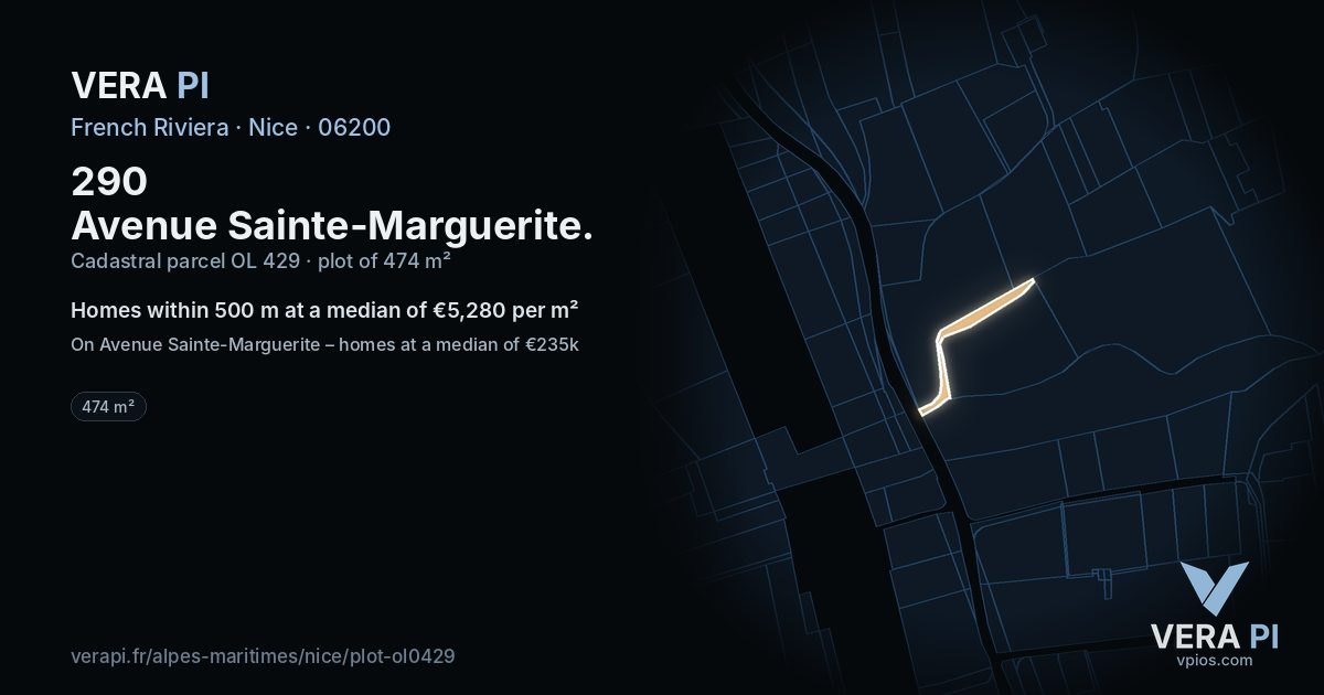 290 Avenue Sainte-Marguerite, Nice at night – the plot lit, the parcels around coloured by the prices near them