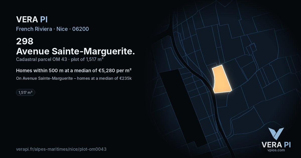298 Avenue Sainte-Marguerite, Nice at night – the plot lit, the parcels around coloured by the prices near them