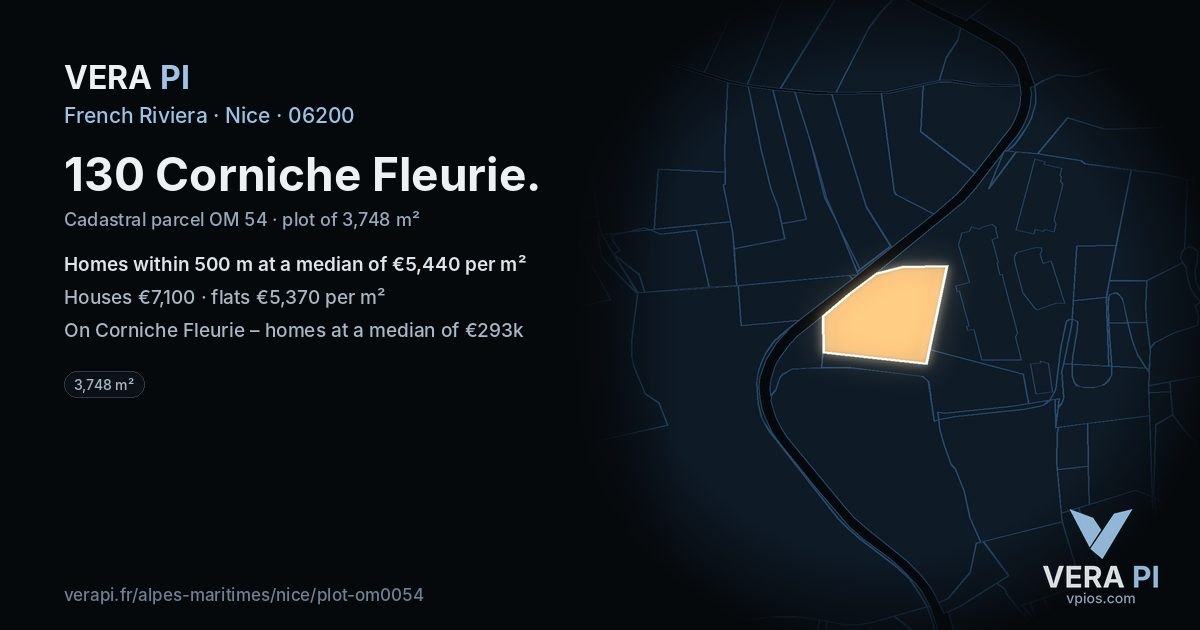 130 Corniche Fleurie, Nice at night – the plot lit, the parcels around coloured by the prices near them