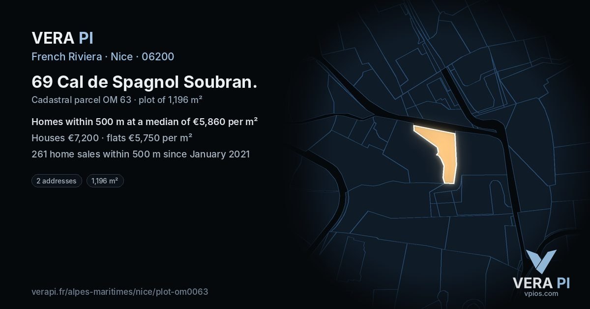 69 Cal de Spagnol Soubran, Nice at night – the plot lit, the parcels around coloured by the prices near them