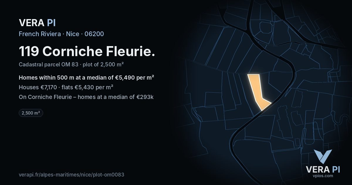 119 Corniche Fleurie, Nice at night – the plot lit, the parcels around coloured by the prices near them