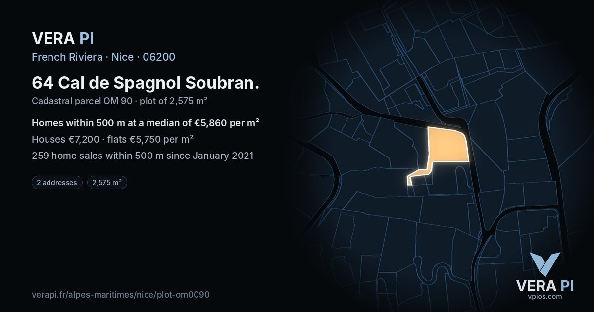 64 Cal de Spagnol Soubran, Nice at night – the plot lit, the parcels around coloured by the prices near them
