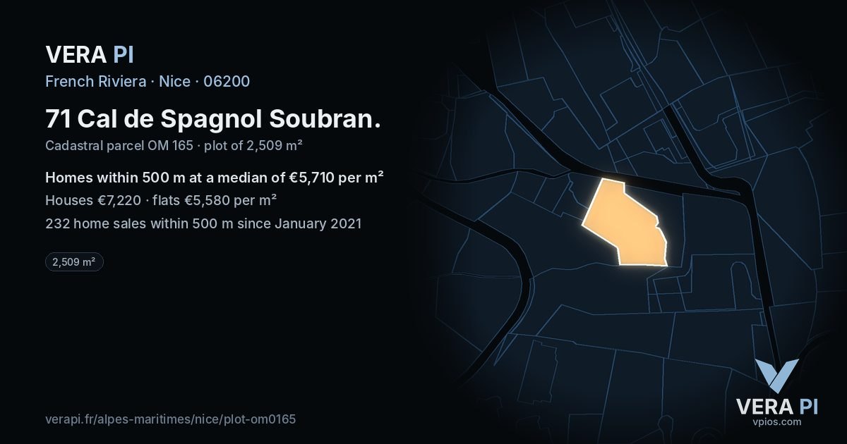 71 Cal de Spagnol Soubran, Nice at night – the plot lit, the parcels around coloured by the prices near them