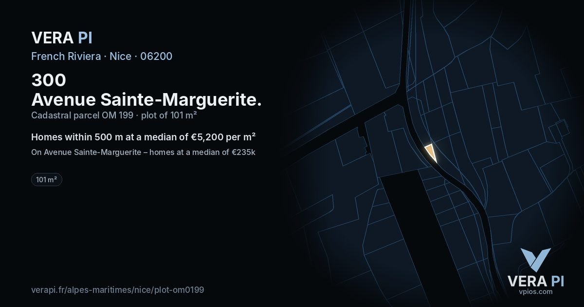 300 Avenue Sainte-Marguerite, Nice at night – the plot lit, the parcels around coloured by the prices near them