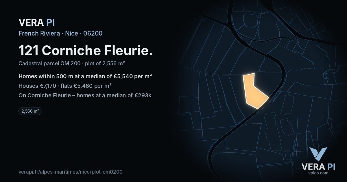 121 Corniche Fleurie, Nice at night – the plot lit, the parcels around coloured by the prices near them
