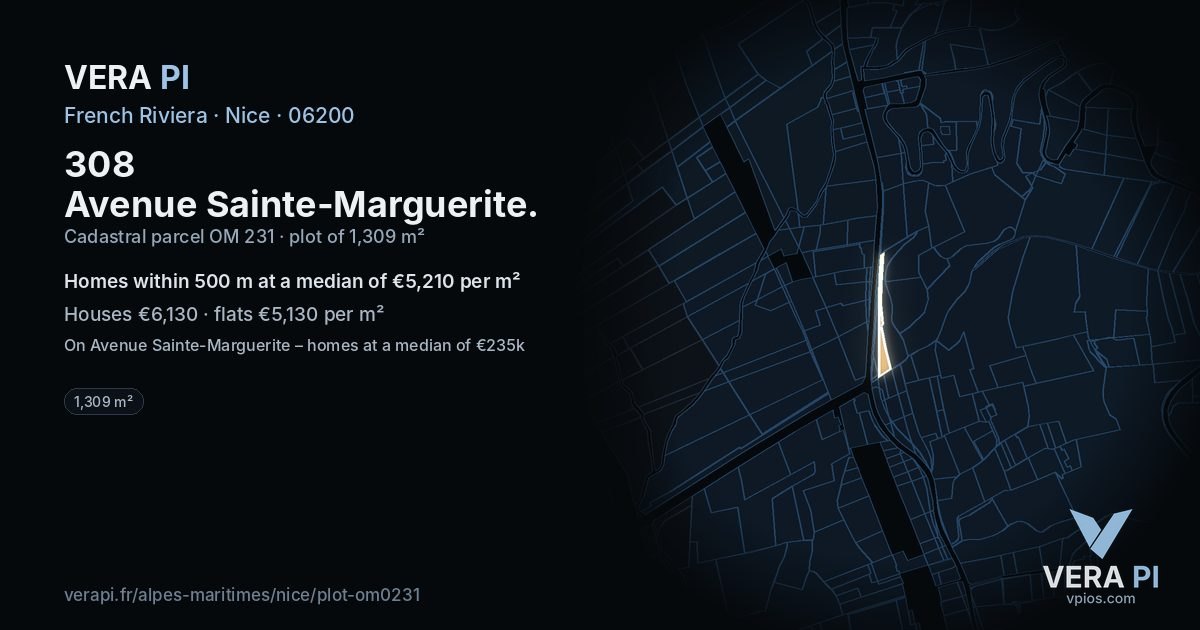 308 Avenue Sainte-Marguerite, Nice at night – the plot lit, the parcels around coloured by the prices near them