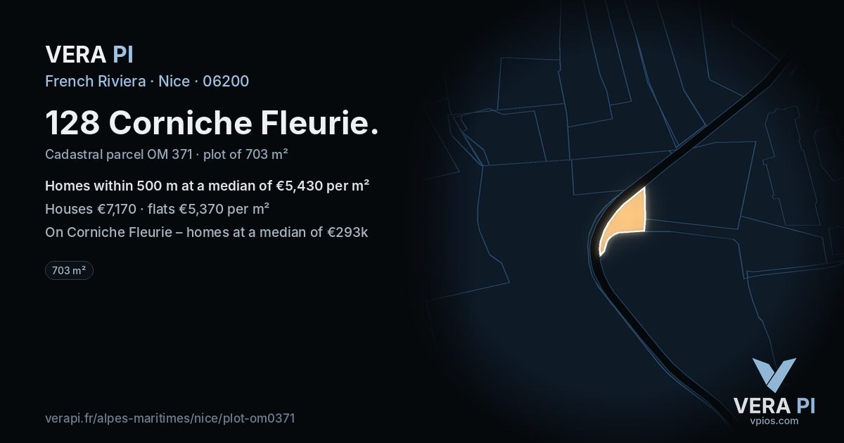 128 Corniche Fleurie, Nice at night – the plot lit, the parcels around coloured by the prices near them