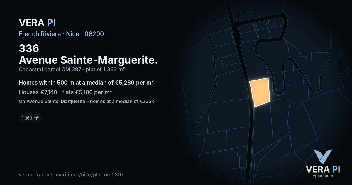 336 Avenue Sainte-Marguerite, Nice at night – the plot lit, the parcels around coloured by the prices near them
