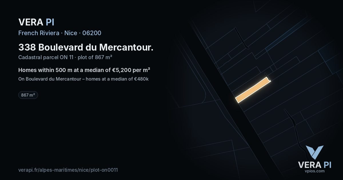 338 Boulevard du Mercantour, Nice at night – the plot lit, the parcels around coloured by the prices near them
