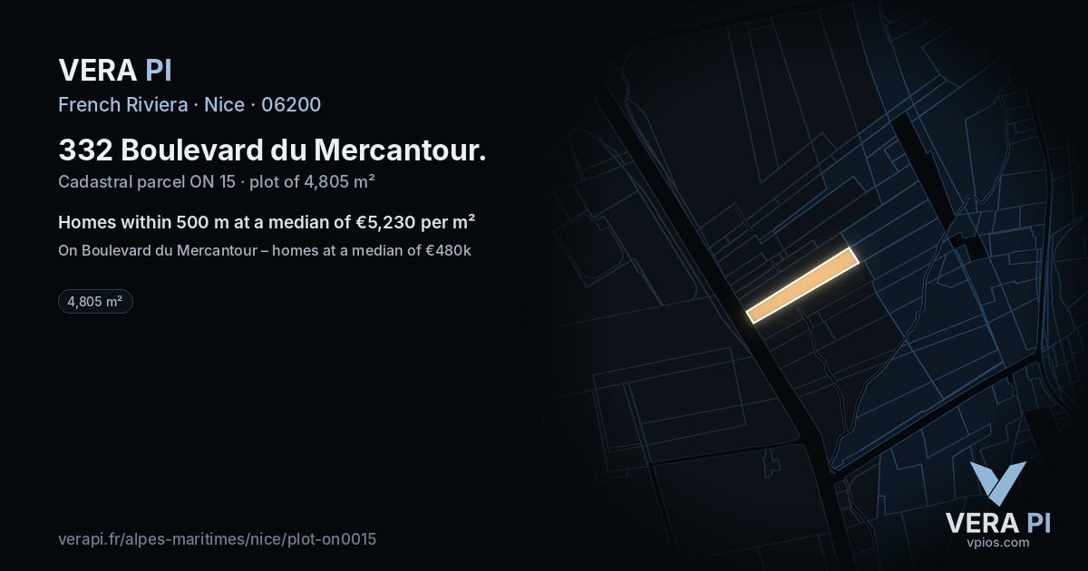 332 Boulevard du Mercantour, Nice at night – the plot lit, the parcels around coloured by the prices near them