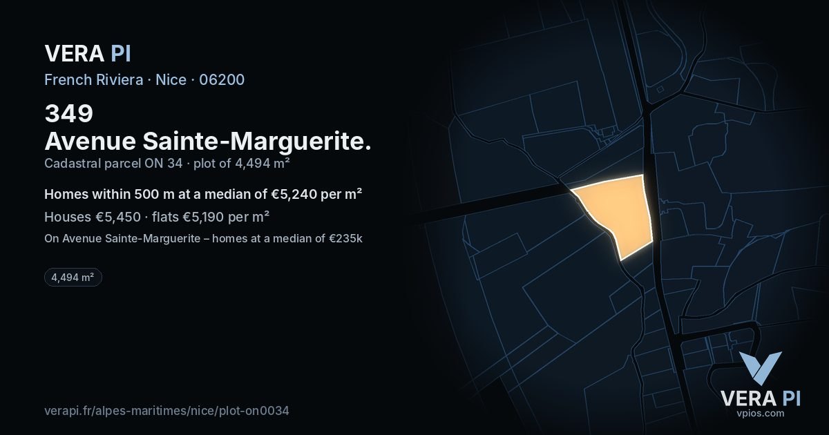 349 Avenue Sainte-Marguerite, Nice at night – the plot lit, the parcels around coloured by the prices near them