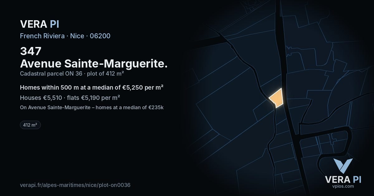 347 Avenue Sainte-Marguerite, Nice at night – the plot lit, the parcels around coloured by the prices near them