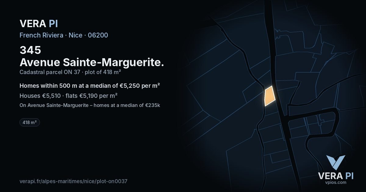 345 Avenue Sainte-Marguerite, Nice at night – the plot lit, the parcels around coloured by the prices near them
