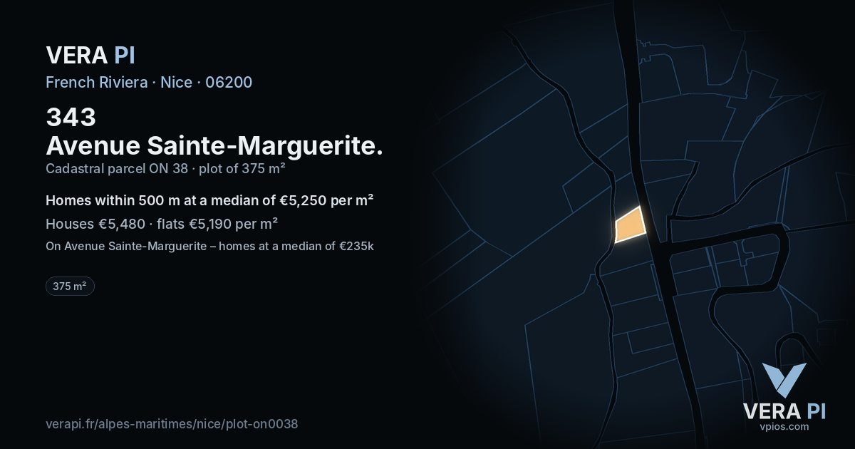 343 Avenue Sainte-Marguerite, Nice at night – the plot lit, the parcels around coloured by the prices near them